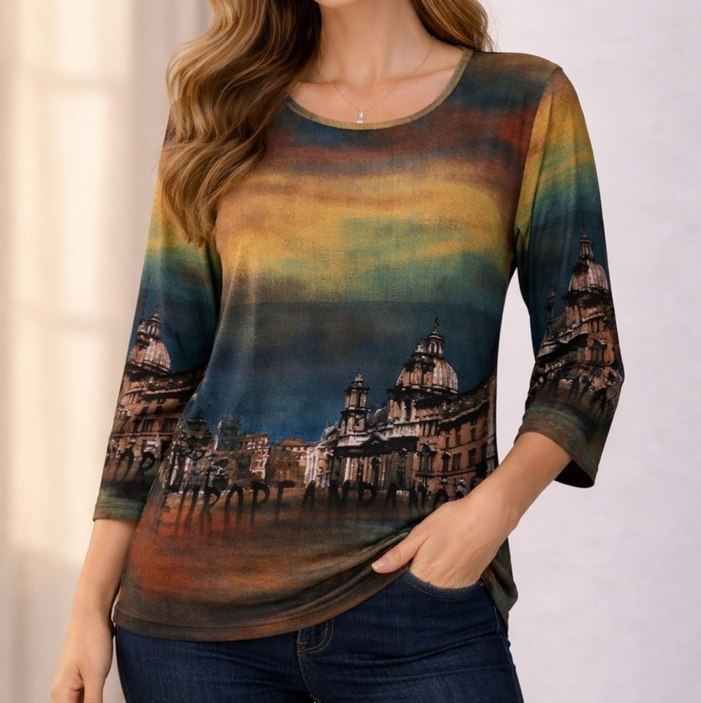 PETER NYGARD Ombre Graphic European Panorama Architecture Cityscape Blouse